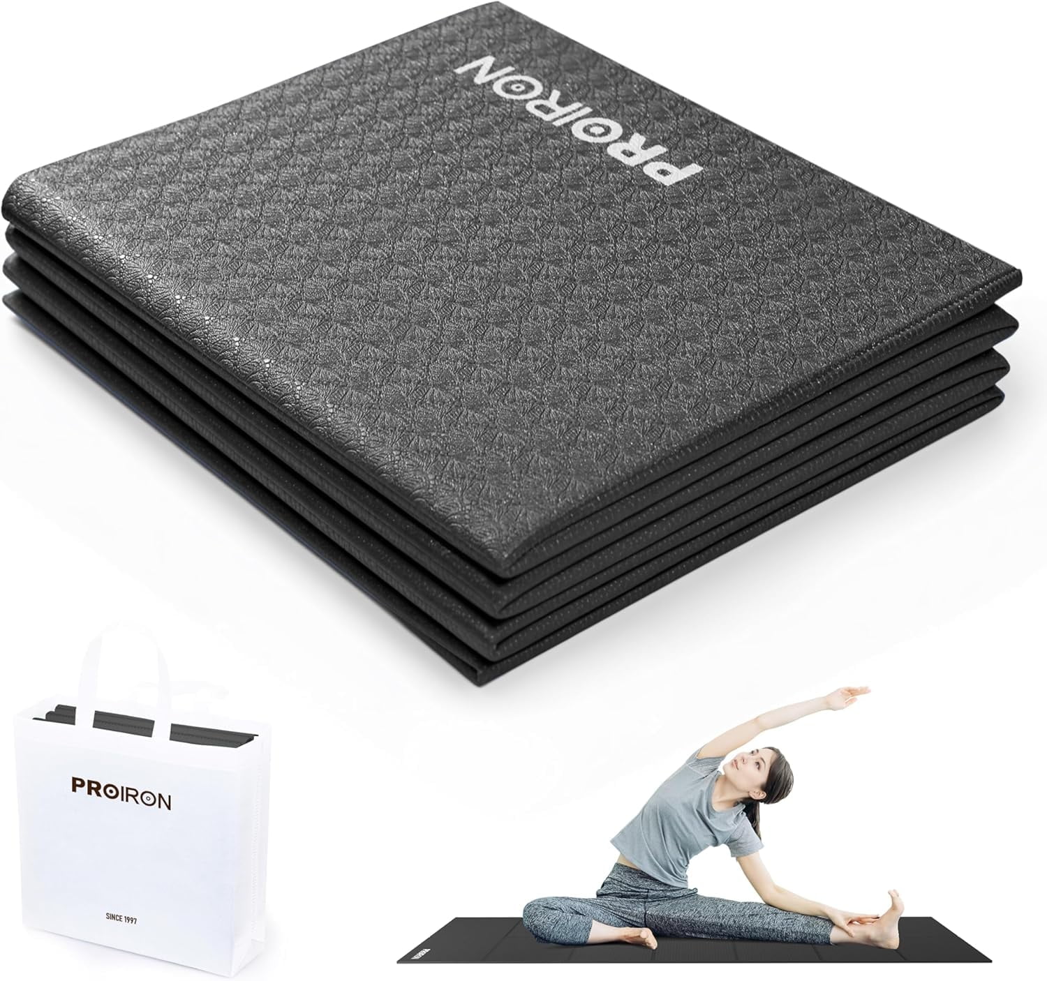 PROIRON Foldable Travel Yoga Mat 0.16" PVC, Folding Exercise Mat Non Slip for Yoga Pilates Camping Outdoors, Lightweight Packable, Black