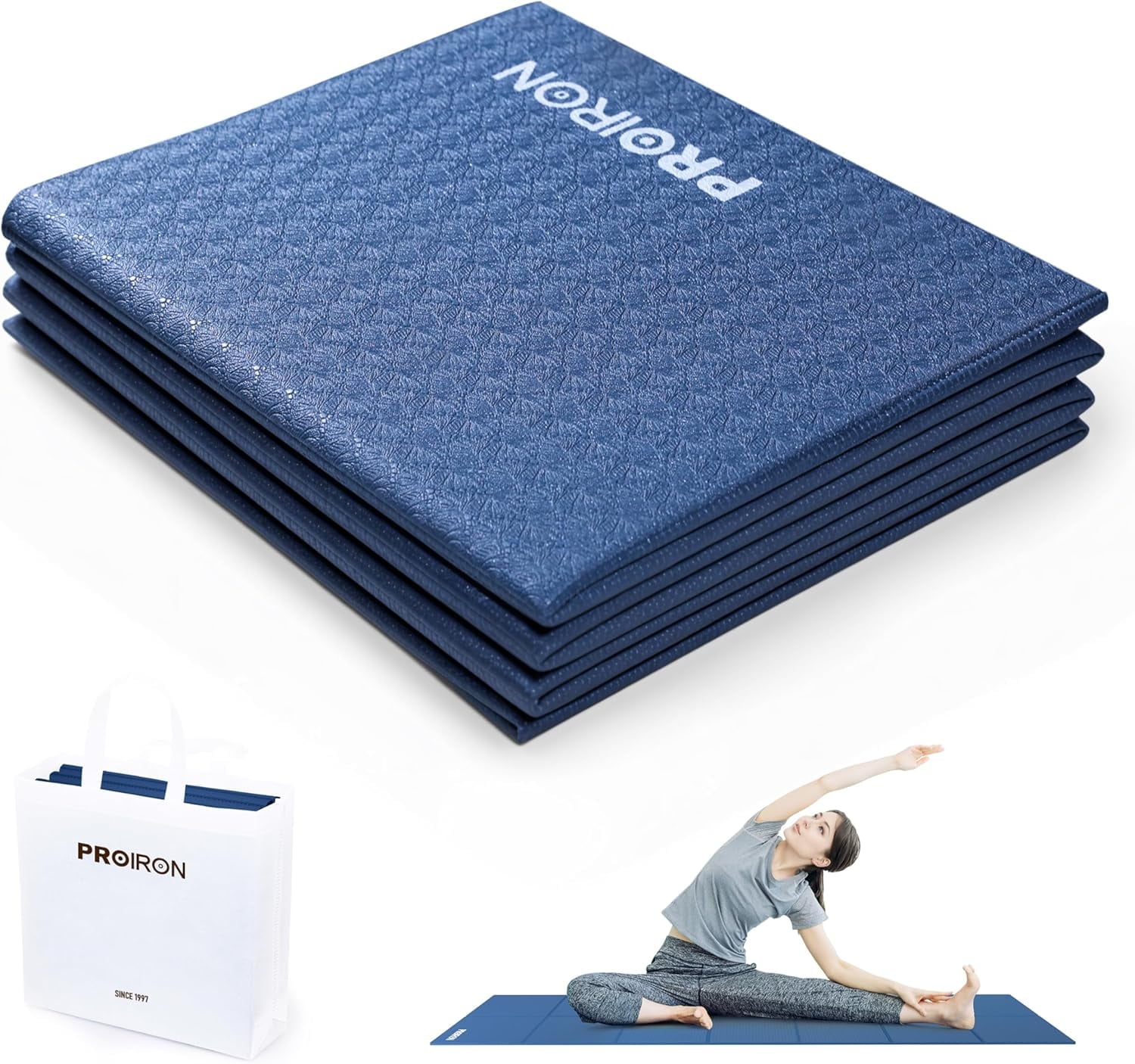 PROIRON Foldable Travel Yoga Mat 0.16" PVC, Folding Exercise Mat Non Slip for Yoga Pilates Camping Outdoors, Lightweight Packable, Blue