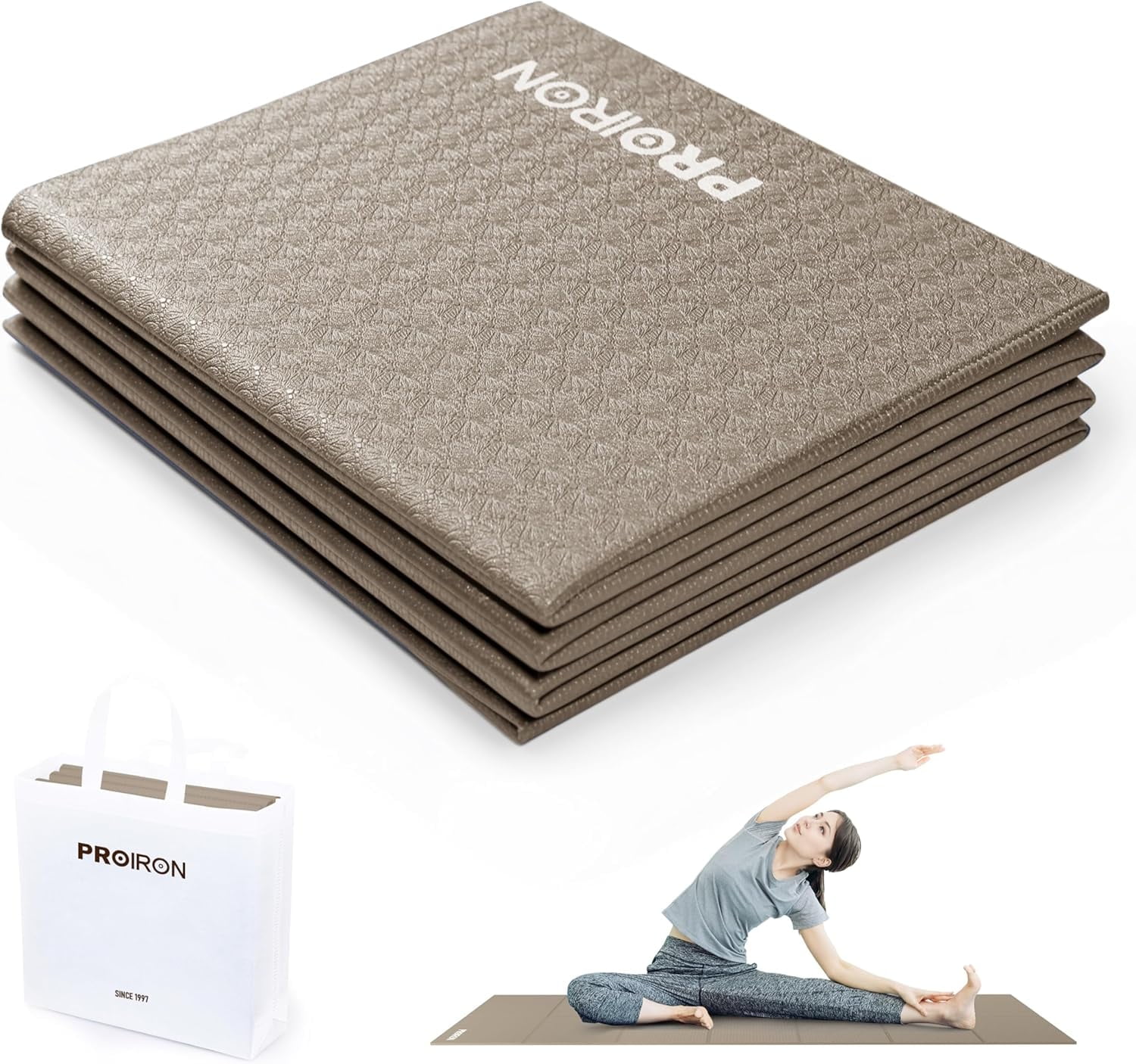 PROIRON Foldable Travel Yoga Mat 0.16" PVC, Folding Exercise Mat Non Slip for Yoga Pilates Camping Outdoors, Lightweight Packable, Brown