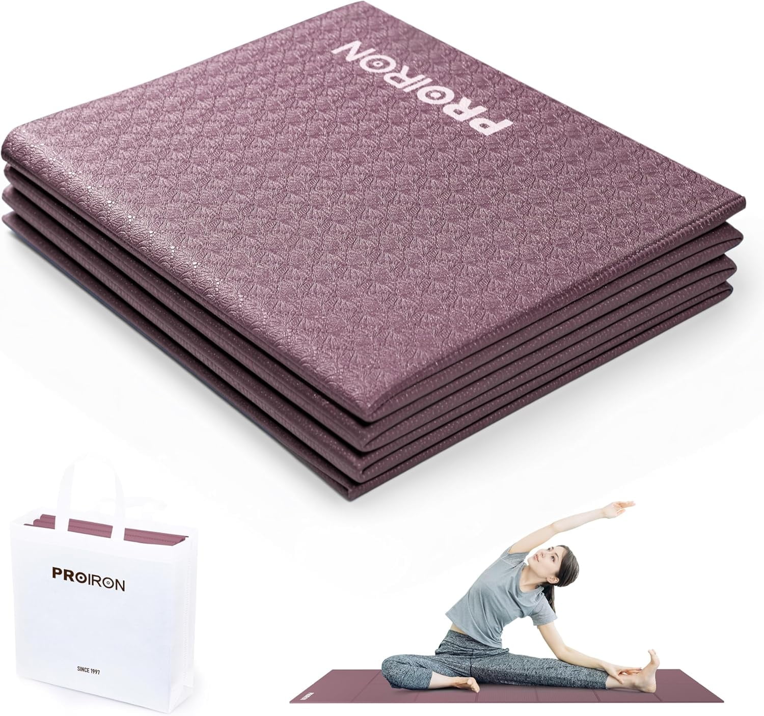 PROIRON Foldable Travel Yoga Mat 0.16" PVC, Folding Exercise Mat Non Slip for Yoga Pilates Camping Outdoors, Lightweight Packable, Claret