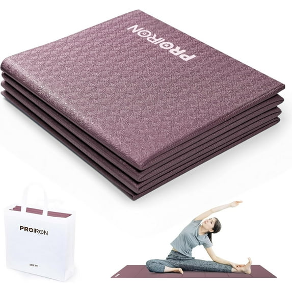 PROIRON Foldable Travel Yoga Mat 0.16" PVC, Folding Exercise Mat Non Slip for Yoga Pilates Camping Outdoors, Lightweight Packable, Claret