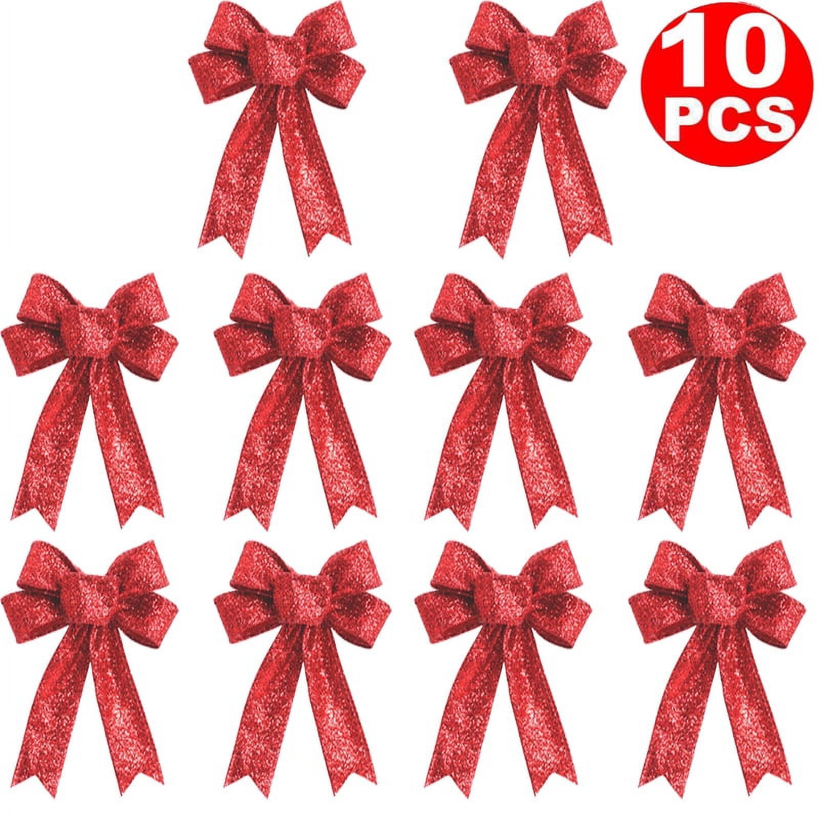 PROJECTRETRO 10 Pack Red Glitter Wreath Bows for Christmas Indoor or