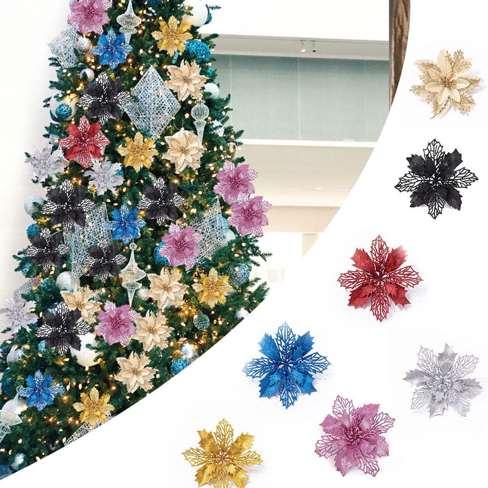 PROJECTRETRO Pack of 20 Glitter Poinsettia Flower Large Artificial