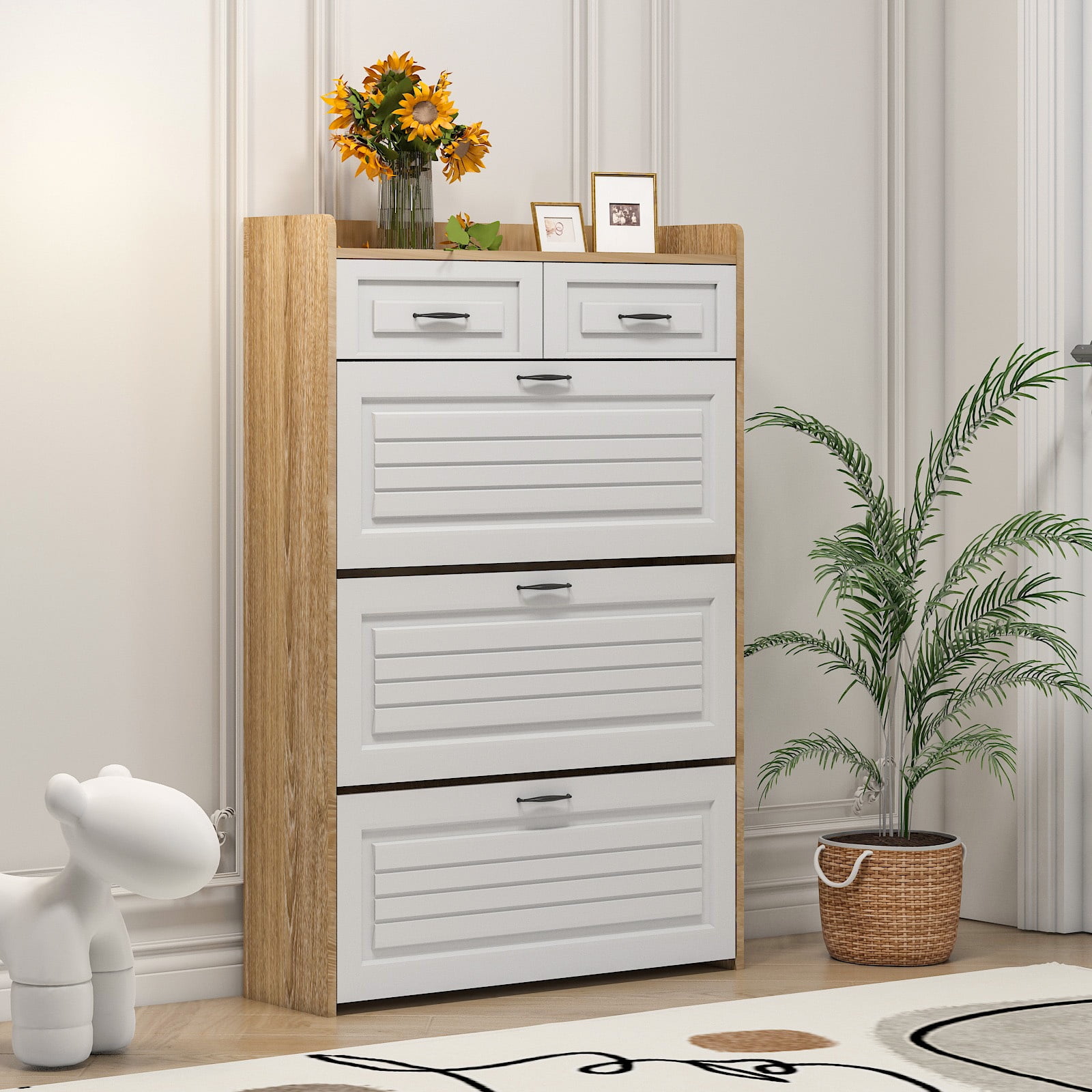 PORKISS Shoe Cabinet, Wooden Entryway Cabinet with Doors and Drawers, 49.2'' Shoe Storage with Large Space, Freestanding Shoe Rack for Home, White/Oak