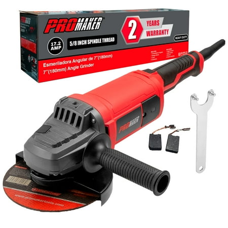 PROMAKER 7 inch Angle Grinder, 17.2 AMP, 8400 RPM, Industrial Electric Angle Grinder with 2 Extra Carbon Brushes, Built for Heavy-Duty Tasks and Professional Performance, 2 Years Warranty.
