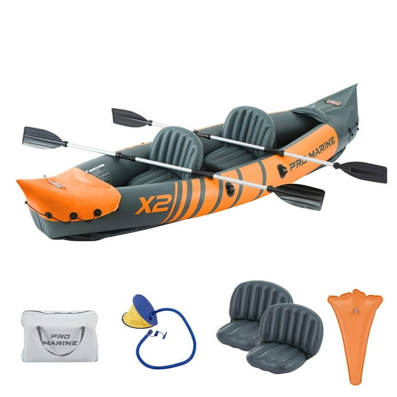 Promarine 2 Person Inflatable Kayak Set Foldable Paddle Boat with Adjustable Seat, Foot Pump, Orange