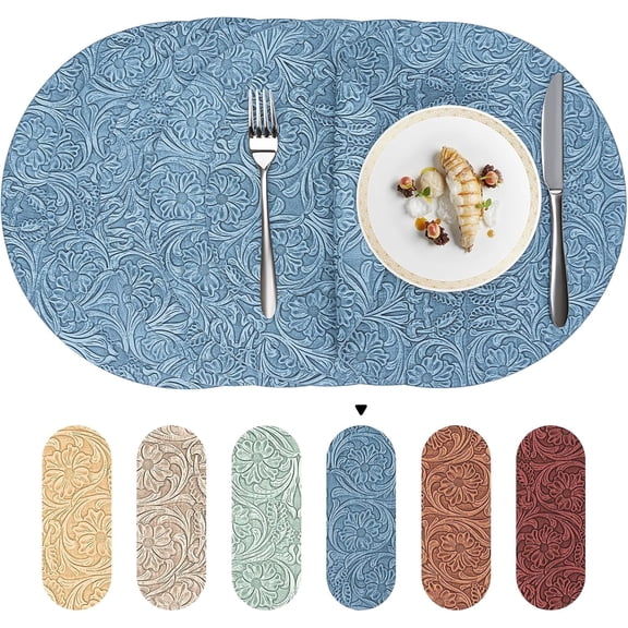 PROMATTOO Round Floral Embossed Placemats Set of 6,Faux Leather Waterproof Dining Mat,Ocean Blue