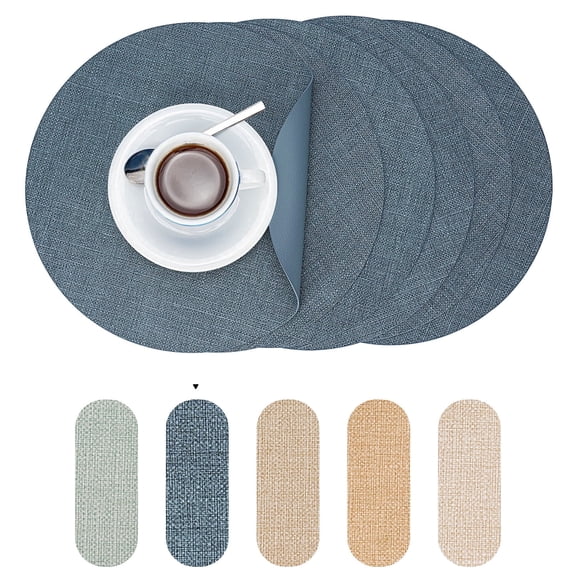 PROMATTOO Round Placemats Set of 6,Faux Leather Heat Resistant Non Slip Table Mats,Charcoal Blue