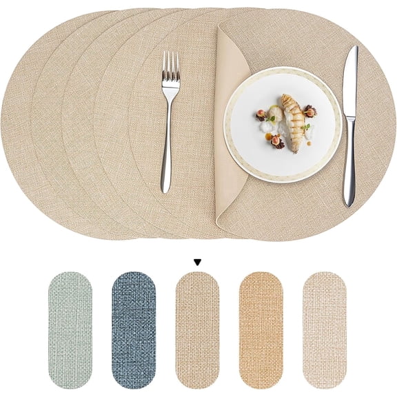 PROMATTOO Round Placemats Set of 6,Faux Leather Heat Resistant Non Slip Table Mats,Taupe