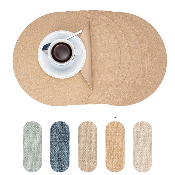 PROMATTOO Round Placemats Set of 6,Faux Leather Heat Resistant Non Slip Table Mats,Warm Tan