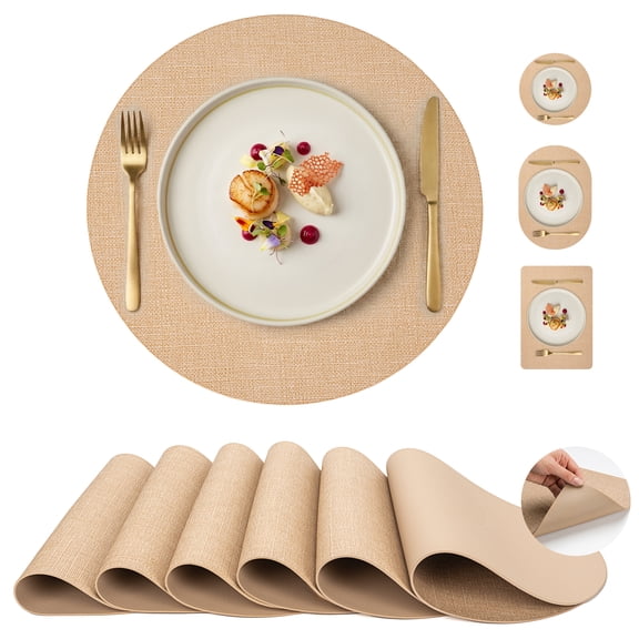 PROMATTOO Round Placemats Set of 6,Faux Leather Heat Resistant Non Slip Table Mats,Warm Tan