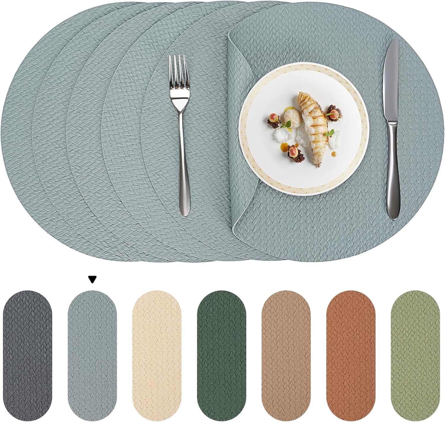 PROMATTOO Round Vinyl Woven Embossed Placemats Set of 6,Faux Leather Waterproof Dining Mat,Cloud Gray