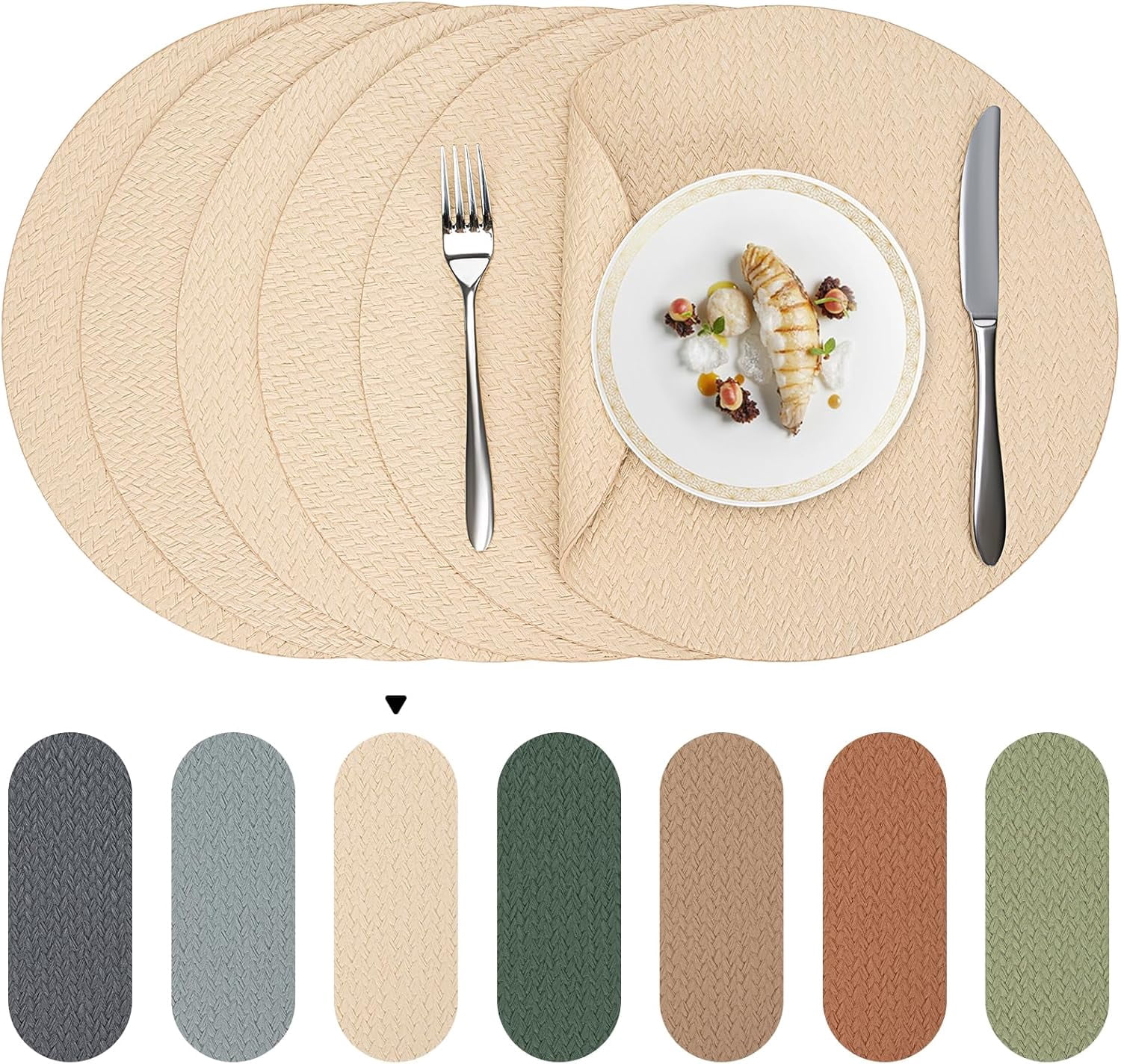 PROMATTOO Round Vinyl Woven Embossed Placemats Set of 6,Faux Leather Waterproof Dining Mat,Golden Beige