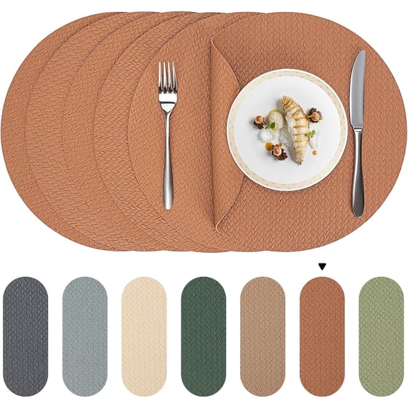 PROMATTOO Round Vinyl Woven Embossed Placemats Set of 6,Faux Leather Waterproof Dining Mat,Rustic Brown