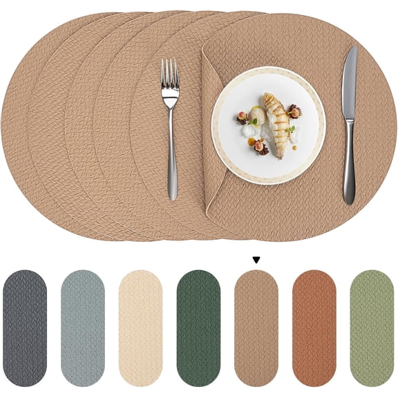 PROMATTOO Round Woven Embossed Placemats Set of 6,Faux Leather Waterproof Dining Mat,Light Brown