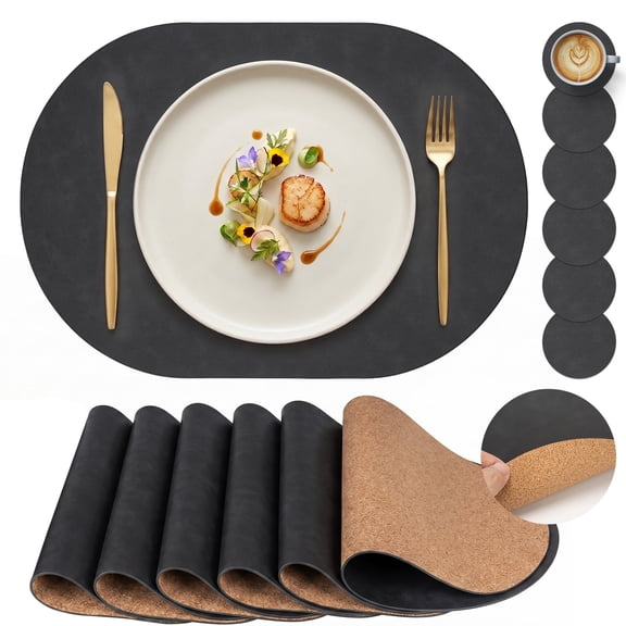 PROMATTOO Oval Faux Leather Placemats Set of 6 with Coasters,Cork-Look Printed Base Dining Table Mat,Black