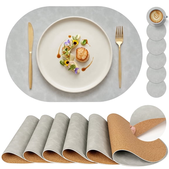 PROMATTOO Oval Faux Leather Placemats Set of 6 with Coasters,Cork-Look Printed Base Dining Table Mat,Charcial Gray