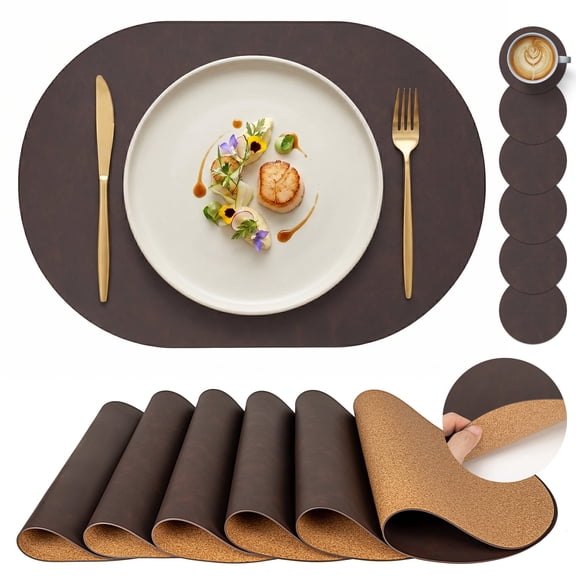 PROMATTOO Oval Faux Leather Placemats Set of 6 with Coasters,Cork-Look Printed Base Dining Table Mat,Chocolate Brown