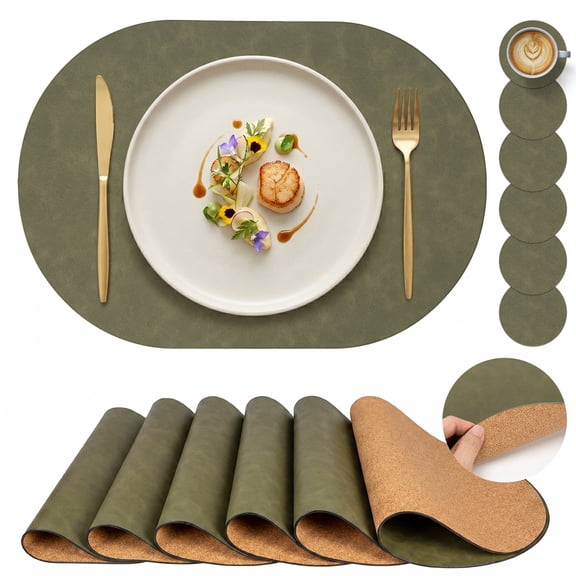 PROMATTOO Oval Faux Leather Placemats Set of 6 with Coasters,Cork-Look Printed Base Dining Table Mat,Olive Green