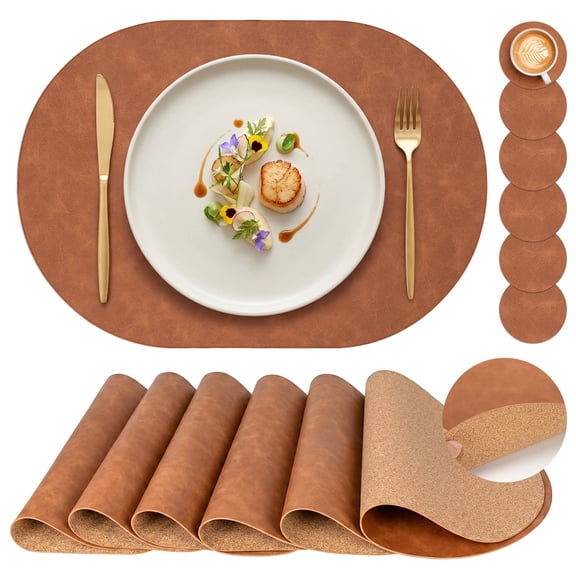 PROMATTOO Oval Faux Leather Placemats Set of 6 with Coasters,Cork-Look Printed Base Dining Table Mat,Tan Brown