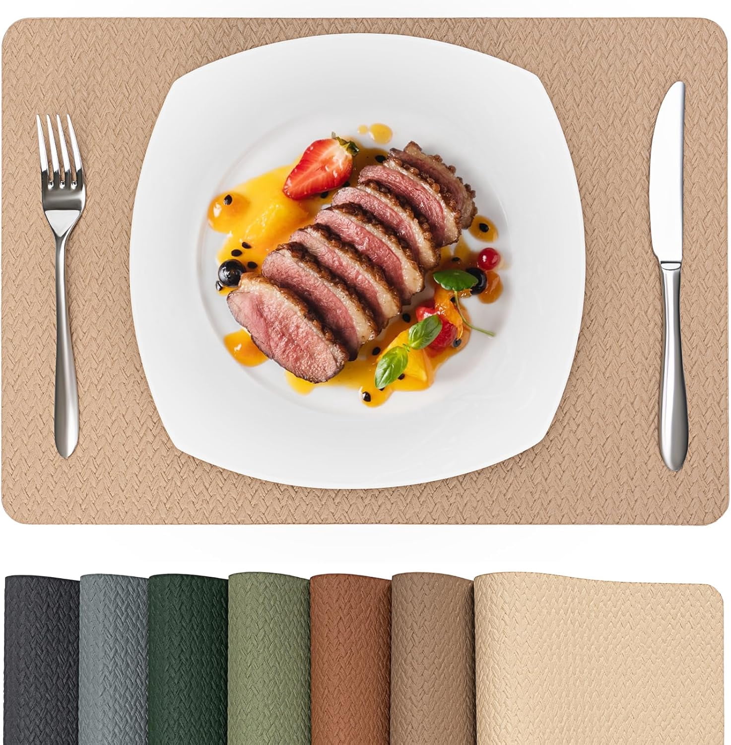 PROMATTOO Woven Embossed Placemats Set of 6,Heat Resistant,Faux Leather Dining Table Mat,Golden Beige