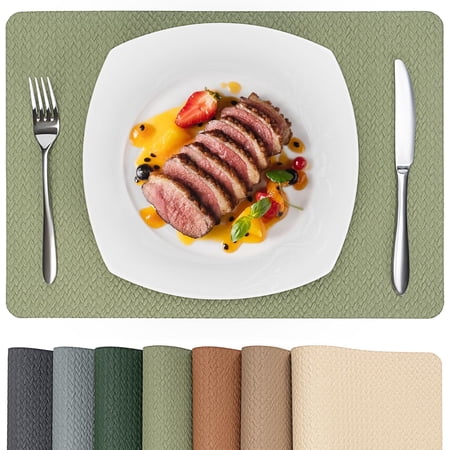 PROMATTOO Woven Embossed Placemats Set of 6,Heat Resistant,Faux Leather Dining Table Mat,Golden Beige