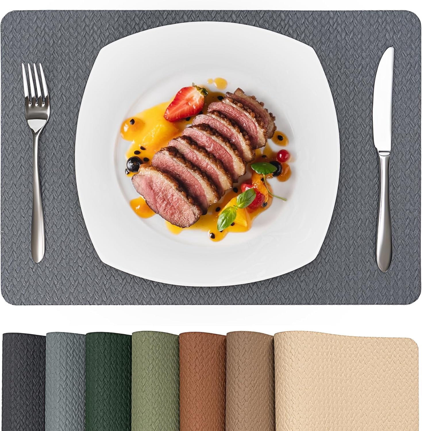 PROMATTOO Woven Embossed Placemats Set of 6,Heat Resistant,Faux Leather Dining Table Mat,Golden Beige