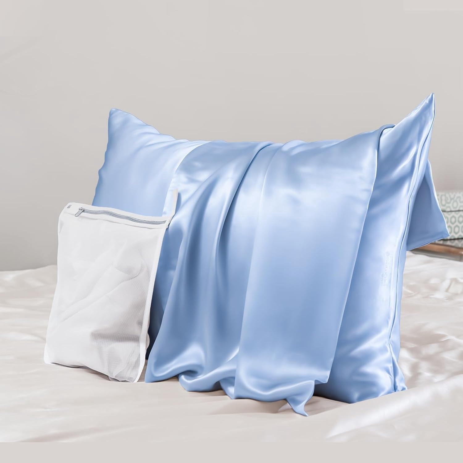 PROMEED 100% Mulberry Silk Pillowcase 13x18 for Travel Pillow, Both Sides 23 Momme Grade 6A+ Mini Silk Pillow Case with Laundry Bag (Travel-13 x18, Light Blue)