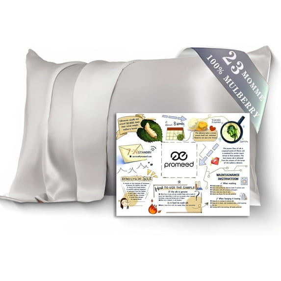 PROMEED 100% Mulberry Silk Pillowcase for Hair and Skin with Zipper, 23 Momme, Both Sides Pure Silk Pillow Case, Grade 6A+ Real Silk Case (Standard 20"x26", Light Grey)