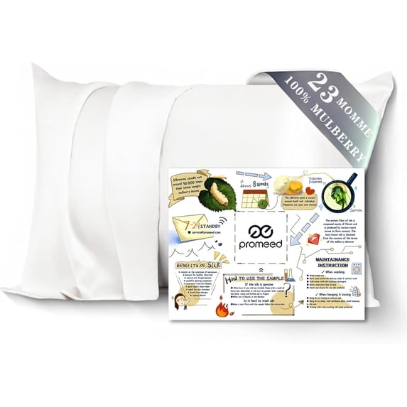 PROMEED 100% Mulberry Silk Pillowcase White with Zipper, Natural 23 Momme Silk Pillow Case for Sensitive Skin, Soft Anti Acne Pillowcase (Standard 20"x26", White)
