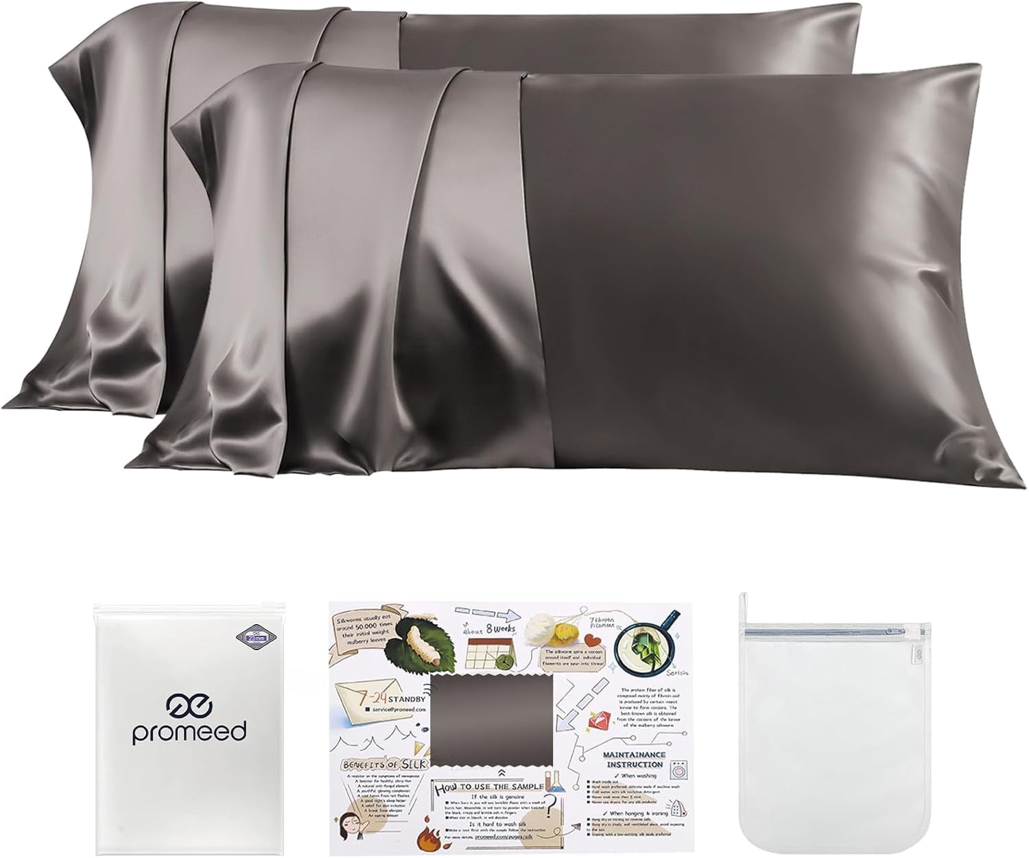 PROMEED 23 Momme Grade 6A+ Mulberry Silk Pillowcase 2 Pack, 100% Natural Silk Pillow Cases Set of 2, Premium Silk Pillow Case Cover for Hair and Skin (Queen 20"x30", Grey)