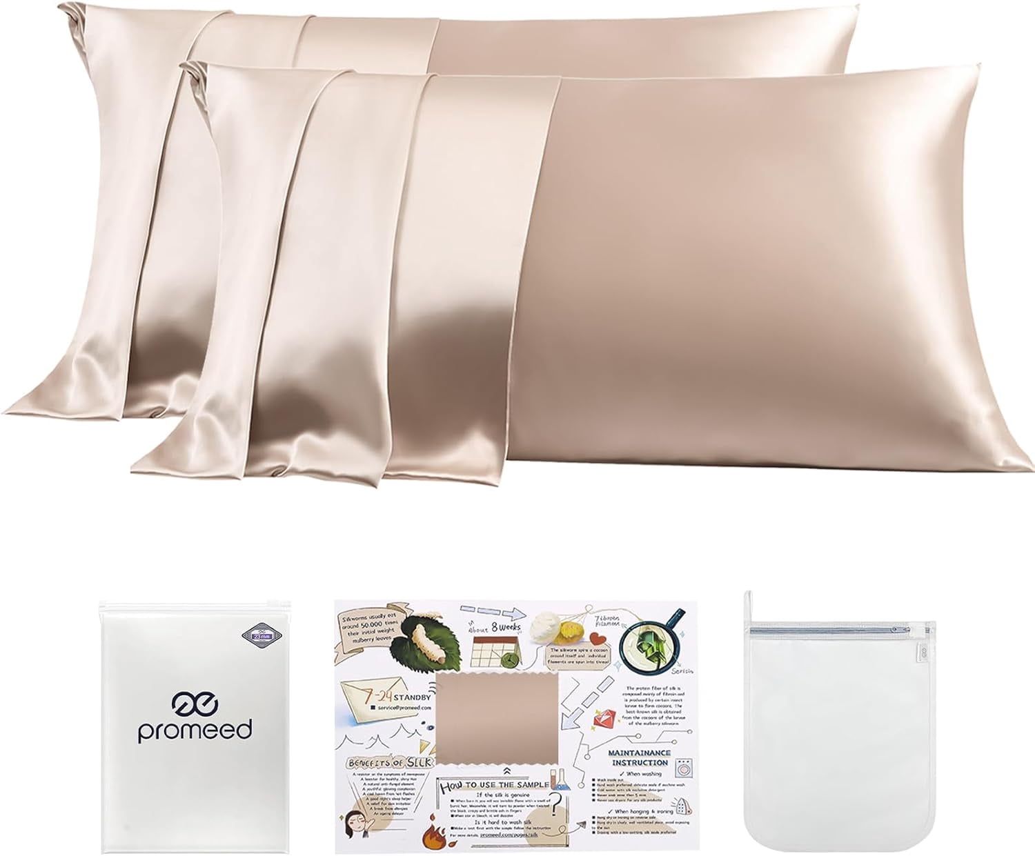 PROMEED 23 Momme Silk Pillowcase 2 Pack with Zipper, 3rd Gen Grade 6A+ 100% Mulberry Silk Pillow Case Set of 2, Cooling Pillow Cases for Hot Sleepers (Queen 20"x30", Champagne)