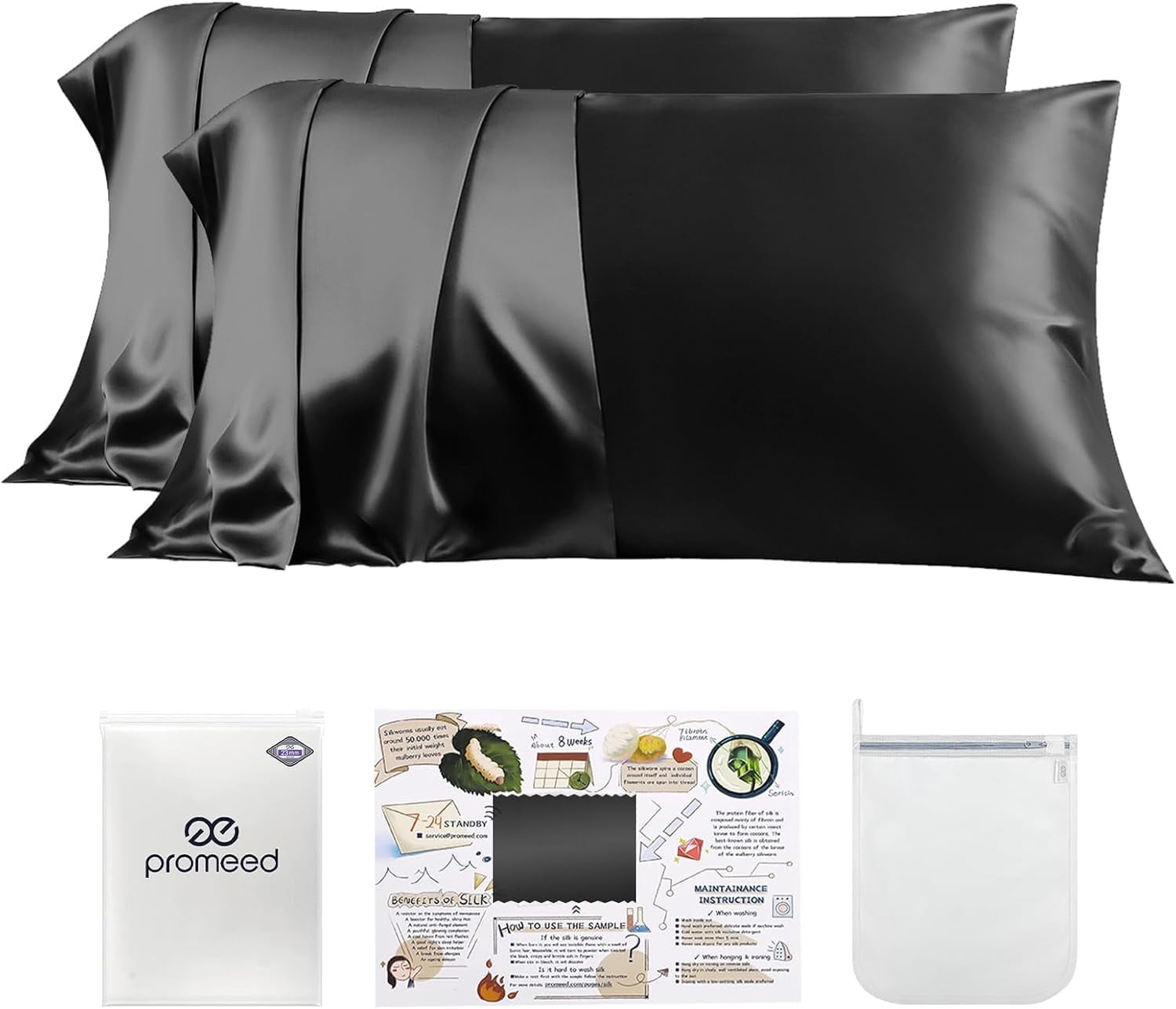 PROMEED 23 Momme Silk Pillowcase 2 Pack with Zipper, 3rd Gen Grade 6A+ 100% Mulberry Silk Pillow Case Set of 2, Cooling Pillow Cases for Hot Sleepers (Standard 20"x26", Black)
