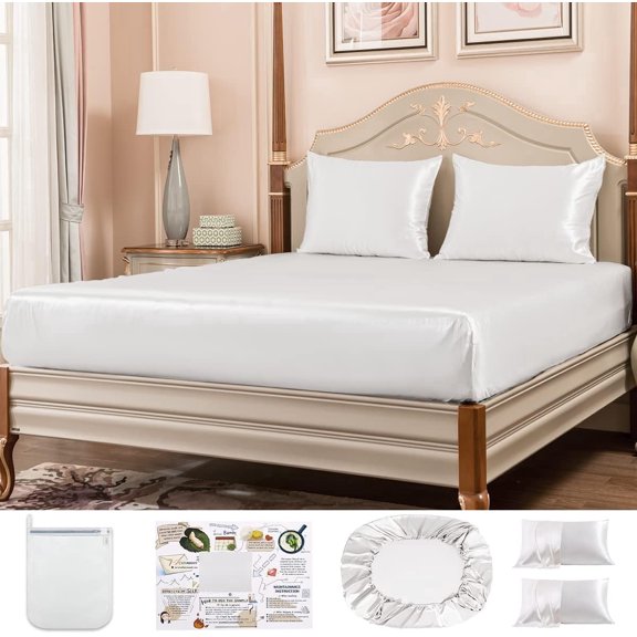 PROMEED 3PCS Real Silk White Fitted Sheet Sets for King Size Bed, 23 Momme Mulberry Silk Bedding Cooling Fitted Sheet and Pillowcase Set 3 Piece for Hair and Skin (White, King)