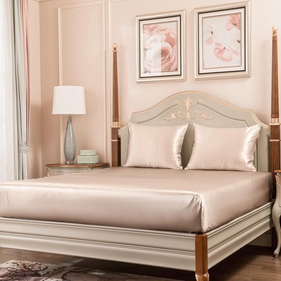 PROMEED 3pcs 23 Momme 6A+ Silk King Size Bed Sheet Set with Deep Pocket Fitted Sheet and Pillowcases, 100% Real Mulberry Silk Sheet Set for Hair and Skin (Champagne, King)