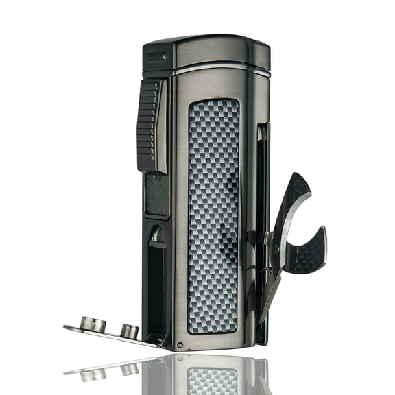 PROMISE Torch Table Lighter Large Size Quad Flame Jet Torch Cigar Lighter Cigar Scissor Cigar Cutter Punch (Black Nickel)