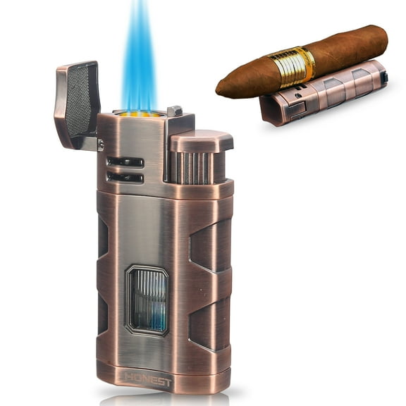 PROMISE Triple Jet Torch Lighter with Cigar Cutter Punch Cigar Rest Cigarette Lighter Visible Gas Tank Adjustable flame Gas not Included (Red Copper)