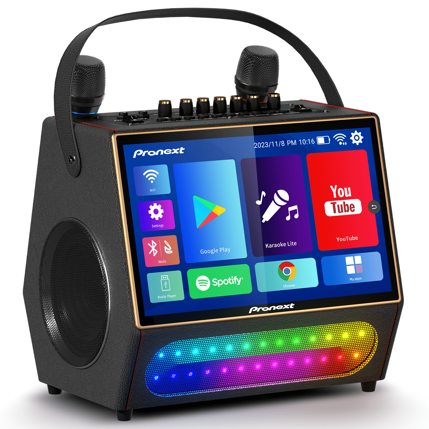 PRONEXT Karaoke Machine with Lyrics Display Screen for Adults, Portable Bluetooth Speaker with 2 Rechargeable UHF Mics, Built-in 14" Tablet & WiFi, LED Lights, PA System for Party(Stand included)