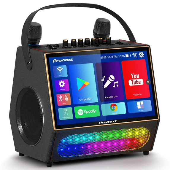PRONEXT Karaoke Machine with Lyrics Display Screen for Adults, Portable Bluetooth Speaker with 2 Rechargeable UHF Mics, Built-in 14" Tablet & WiFi, LED Lights, PA System for Party(Stand included)