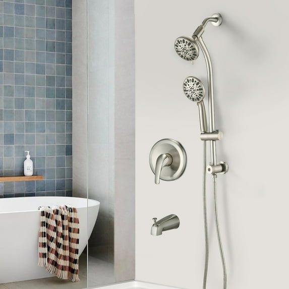 PROOX 7-Function Dual Head Shower Faucet Drill-Free slide bar combo Bathtub Spout Included Valve