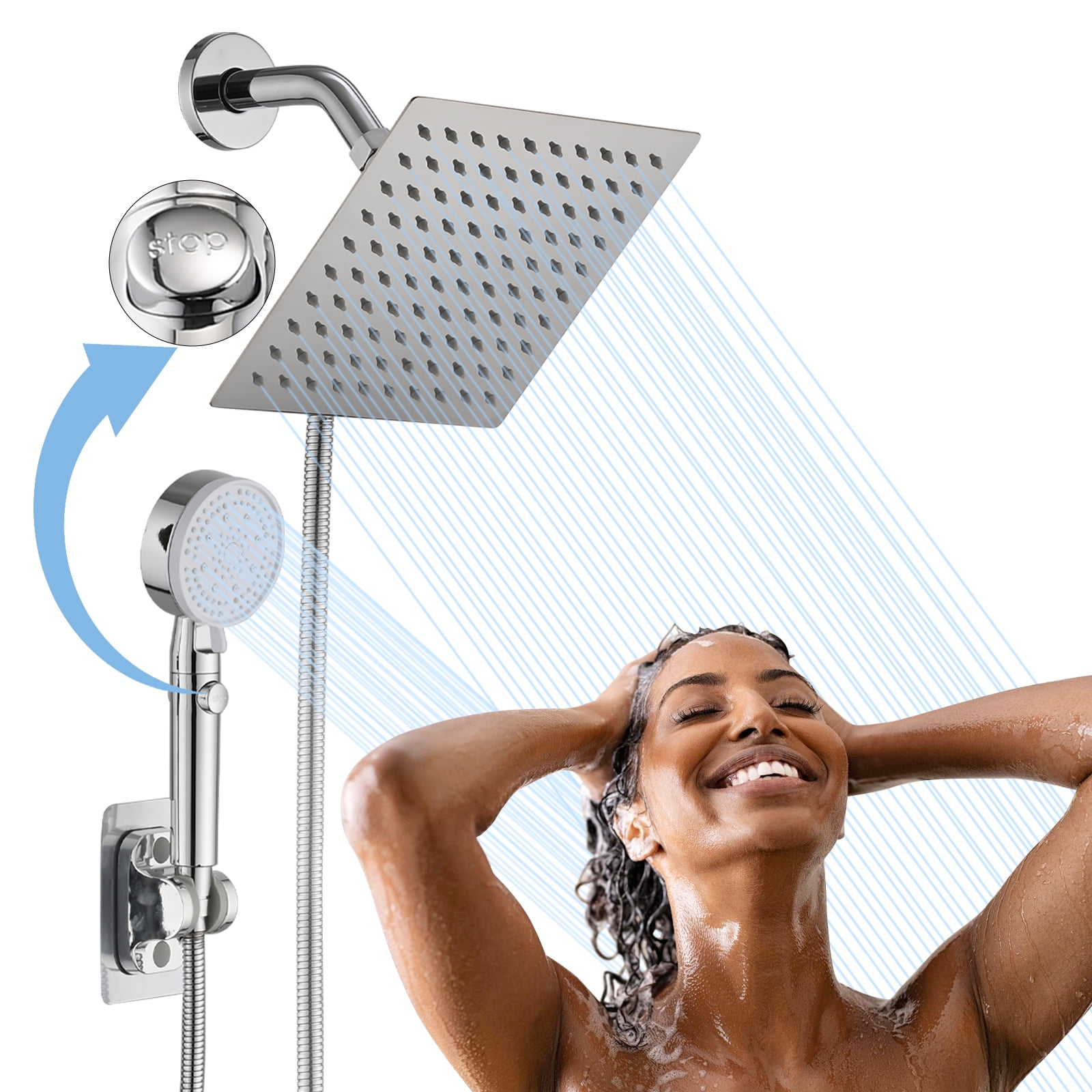 PROOX Dual Shower Head with Handheld Combo, High Pressure Square 8'' Rain Shower Head with Handheld ON/OFF Switch Button