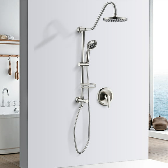 PROOX Shower System with 8" Rain Shower Head, 5-Function Handheld Shower, Adjustable Slide Bar, with Rough-in Valve