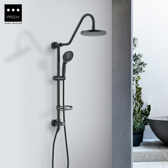 PROOX Shower System with 8" Rain Shower Head, 5-Function Shower Head with Handheld, Adjustable Slide Bar