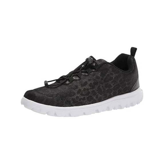 PROPET Womens Black Knit Leapord Flexible Lightweight Traction Heel Pull-Tab Removable Insole Padded Travelactiv Safari Round Toe Wedge Sneakers Shoes 6 M