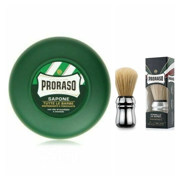 PRORASO Green Shaving Soap Bowl 75 ML & Shaving Brush Made in Italy 2 PCS Pack
