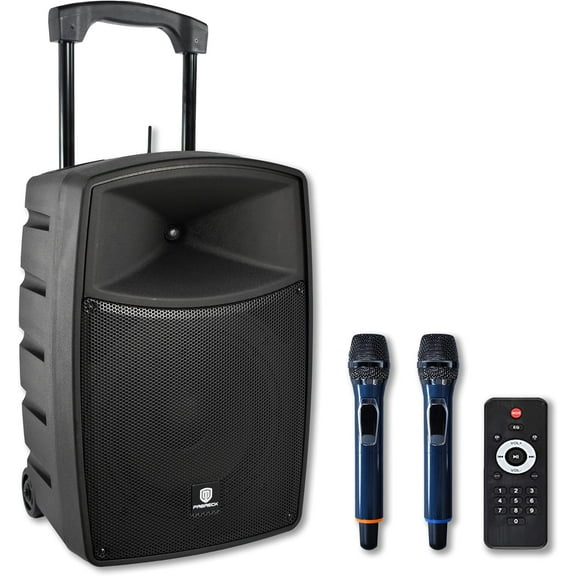 PRORECK FREEDOM 10 800W 10'' Portable Powered Bluetooth Wireless PA Speaker with 2 Wireless Microphones, Remote Control, Handle and Wheels, Active Loudspeaker