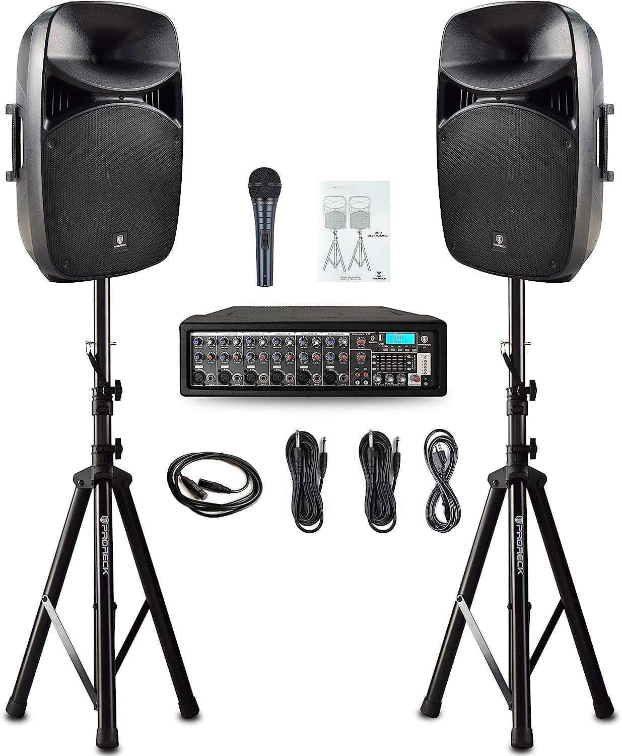 PRORECK MX15 15inch 2500W Bluetooth Powered PA System Mixer/Amp with Stands/Mic Effect Controller 48V Phantom Power, Audio Interface