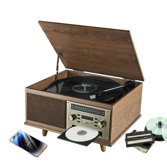 PROSCAN 7-in-1 Bluetooth Record Player & Multimedia Center with Built-in Stereo Speakers, 3-Speed Turntable, Vinyl to MP3 Recording, Wireless Music Streaming (Walnut)
