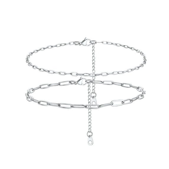 PROSTEEL 2 Pcs Stainless Steel Summer Anklet for Women Silver Paperclip Charm Bracelet Beach Jewelry Birthday Gift 8.5 Inch Chain
