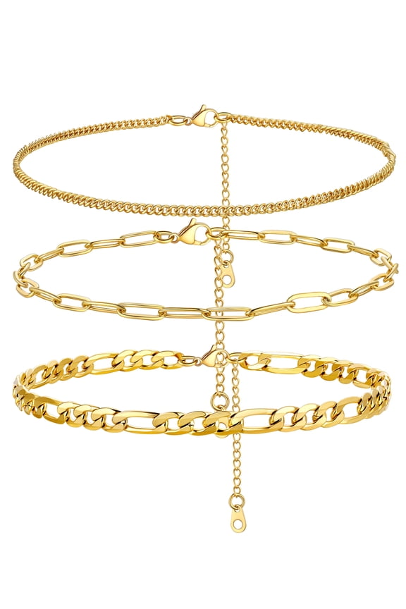 3 Pcs Stainless Steel Summer Anklet for Women 14K Gold Plated Paperclip Cuban Figaro Charm Bracelet Beach Jewelry Birthday Gift 8.5 Inch Chain